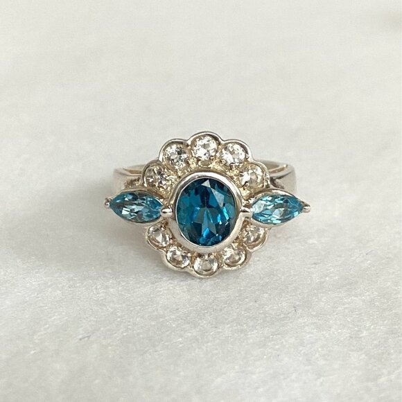 Sterling Silver 925 Blue White Topaz Multi Gemstone Stone Floral Ring Sz 6.75 - Picture 2 of 16
